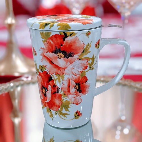 Roses Mug with Strainer and Lid