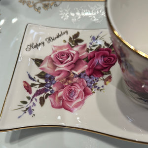 Wave cup and saucer set happy birthday roses