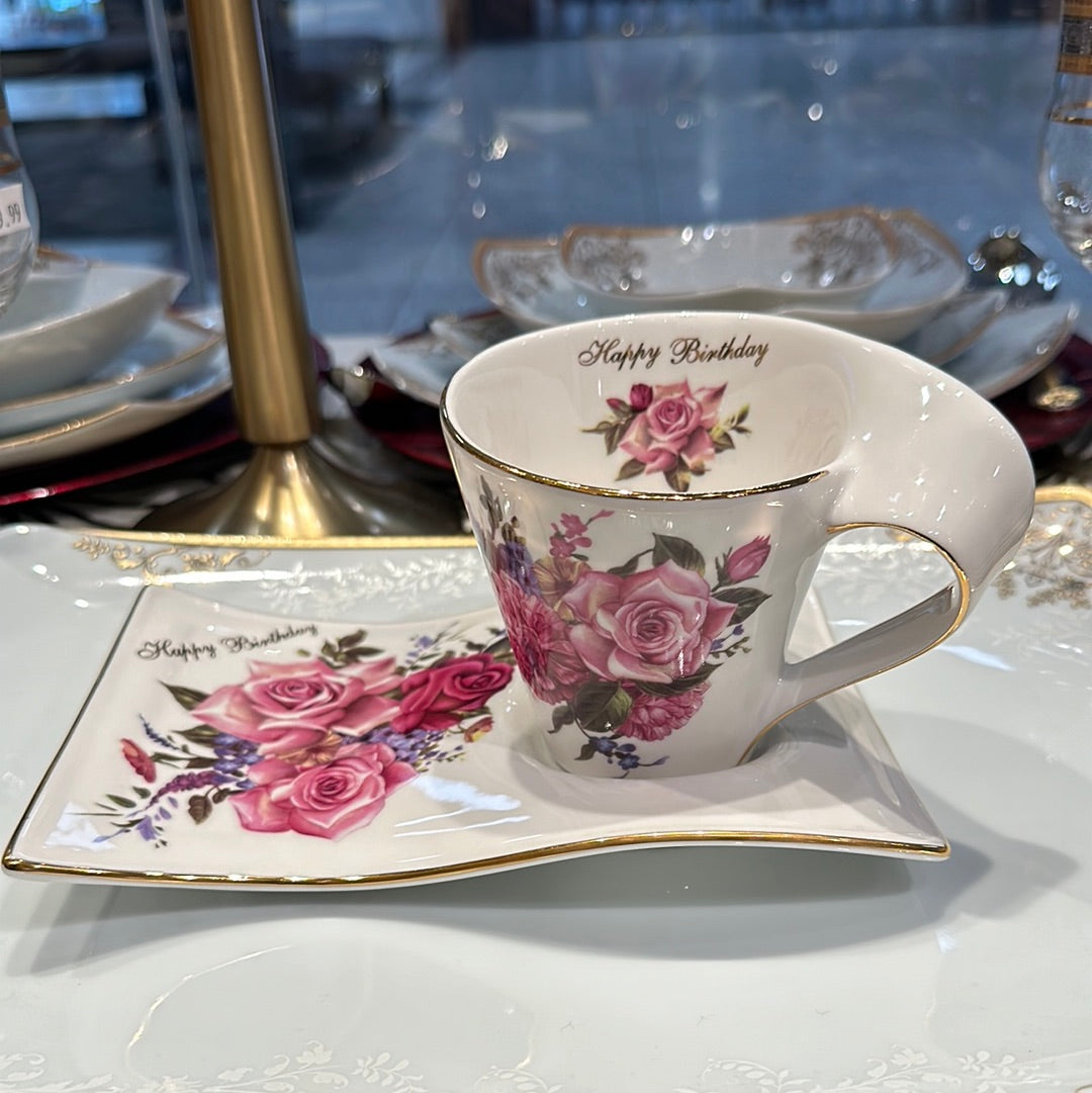 Wave cup and saucer set happy birthday roses